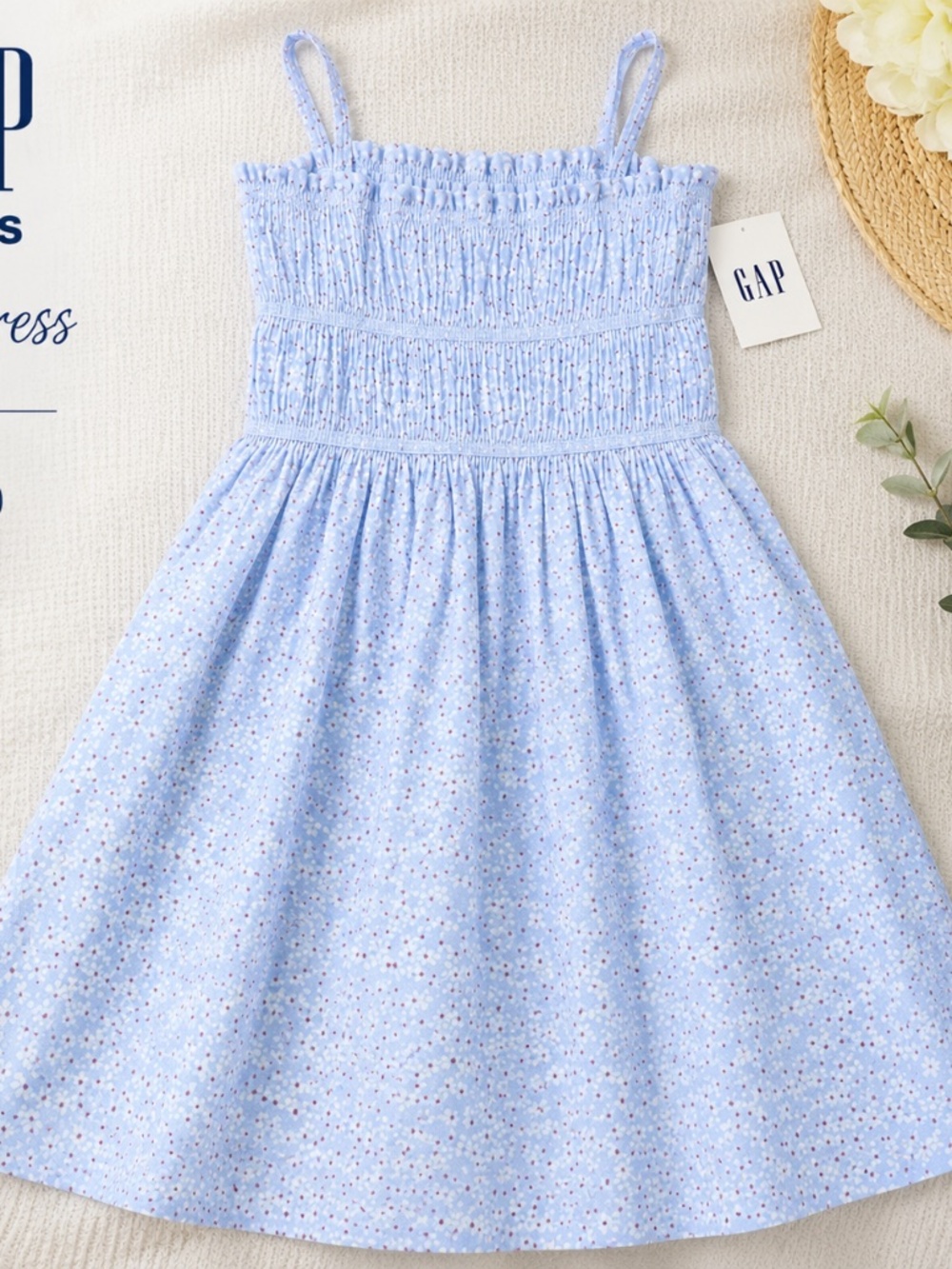 NWT GAP Kids Blue Floral Smocked Cotton Dress | Girls L (10)